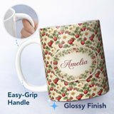 Personalized Custom Name Elegant Strawberry Floral Bloom Cream Seamless Pattern Name Cute 11oz Ceramic Coffee Tea Mug White Large Handle