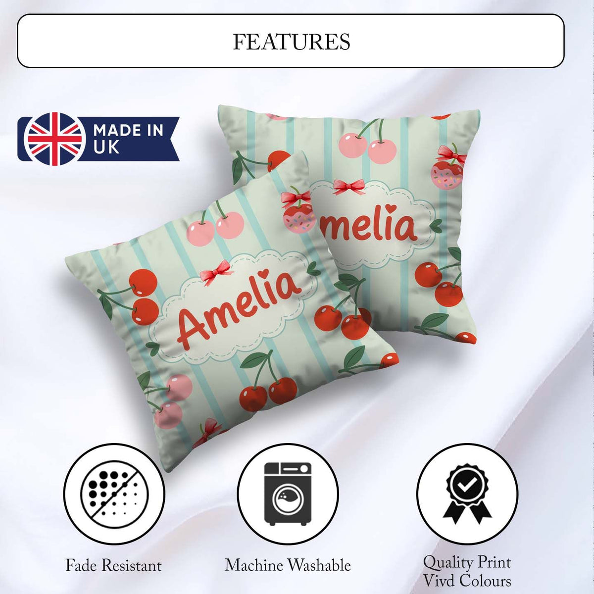 Custom Name Cherry Fruit Vertical Stripe Green Seamless Pattern Square Filled Cushion Throw Pillow Sofa Bed Home Decor Zip Washable UK Made