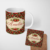 Personalized Custom Name Rich Strawberry Cluster Dark Background Seamless Pattern Name Cute 11oz Ceramic Coffee Tea Mug White Large Handle