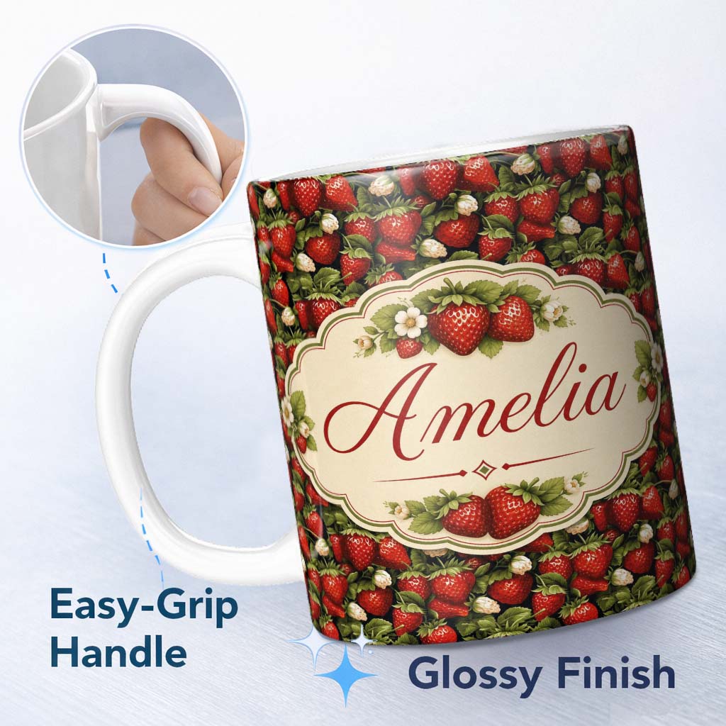 Personalized Custom Name Rich Strawberry Cluster Dark Background Seamless Pattern Name Cute 11oz Ceramic Coffee Tea Mug White Large Handle