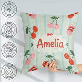 Custom Name Cherry Fruit Vertical Stripe Green Seamless Pattern Square Filled Cushion Throw Pillow Sofa Bed Home Decor Zip Washable UK Made