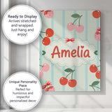 Personalised Name Cherry Fruit Vertical Stripe Green Background Custom  Statement Canvas Wall Art Print Decor Picture Ready to Hang