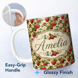 Personalized Custom Name Classic Strawberry Garden Floral Cream Seamless Pattern Name Cute 11oz Ceramic Coffee Tea Mug White Large Handle