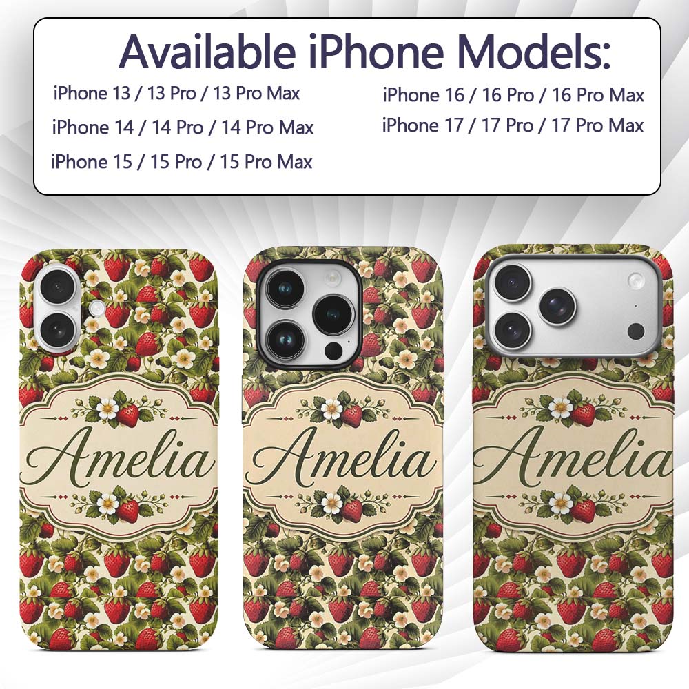 Classic Strawberry Garden Floral Cream Seamless Custom Name Protective Phone Case Mobile Cover Durable Everyday Smartphone Shock Resistant