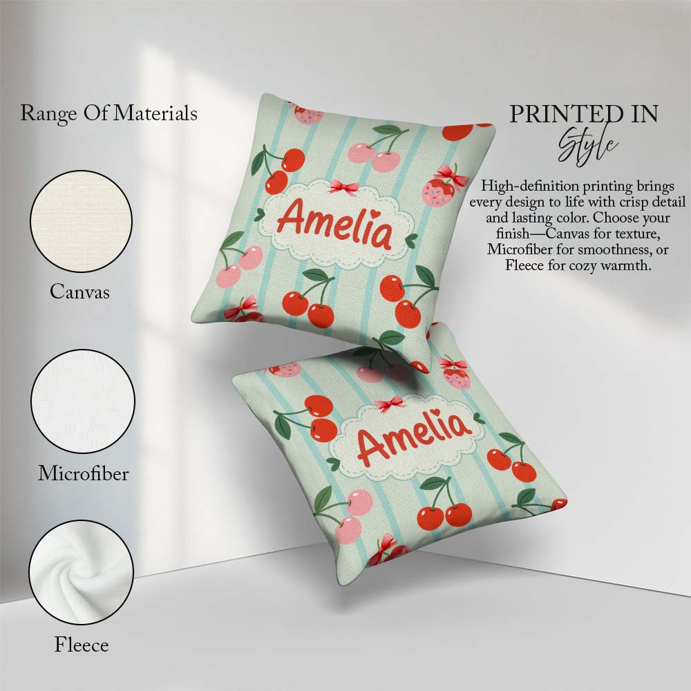 Custom Name Cherry Fruit Vertical Stripe Green Seamless Pattern Square Filled Cushion Throw Pillow Sofa Bed Home Decor Zip Washable UK Made