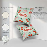 Custom Name Cherry Fruit Vertical Stripe Green Seamless Pattern Square Filled Cushion Throw Pillow Sofa Bed Home Decor Zip Washable UK Made