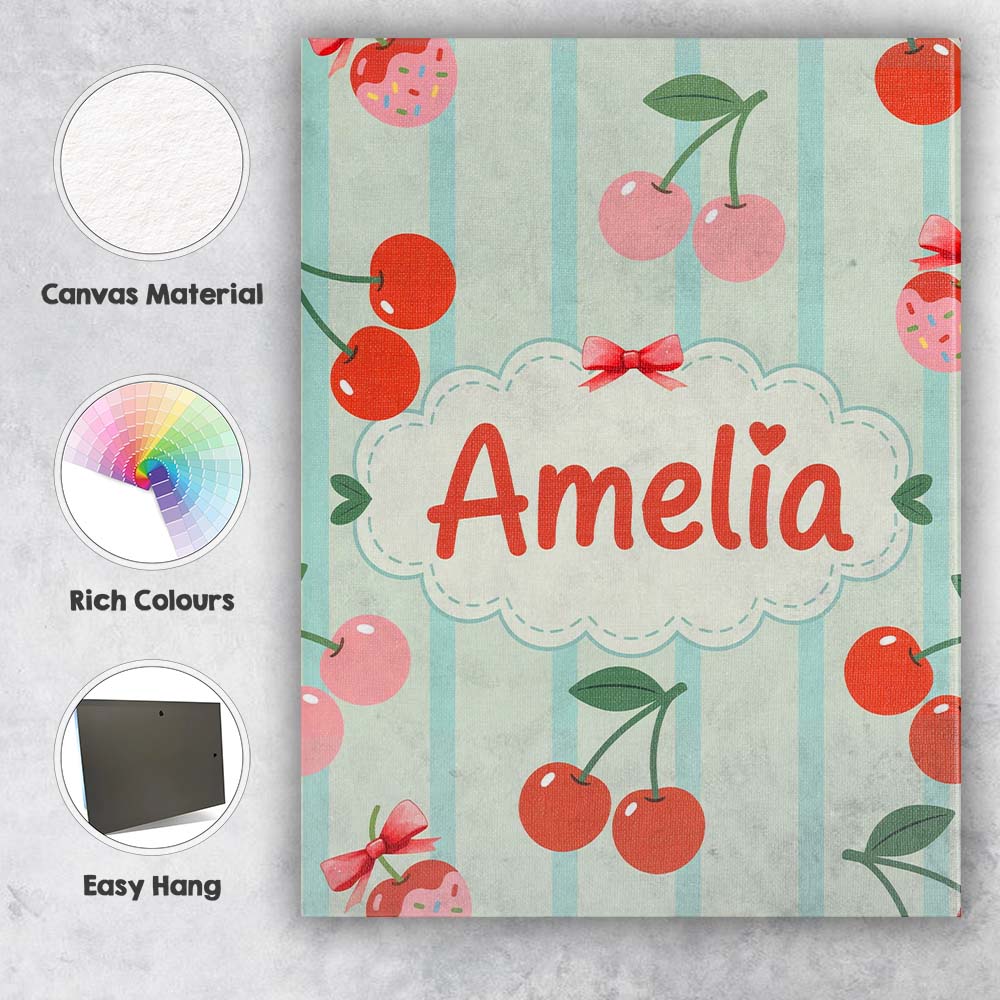Personalised Name Cherry Fruit Vertical Stripe Green Background Custom  Statement Canvas Wall Art Print Decor Picture Ready to Hang
