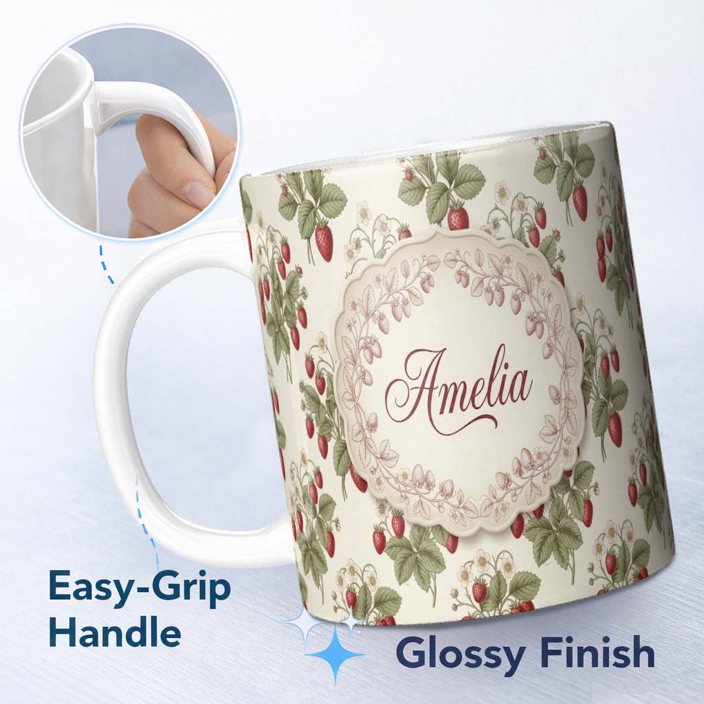 Personalized Custom Name Delicate Strawberry Vine Soft Floral Seamless Pattern Name Cute 11oz Ceramic Coffee Tea Mug White Large Handle