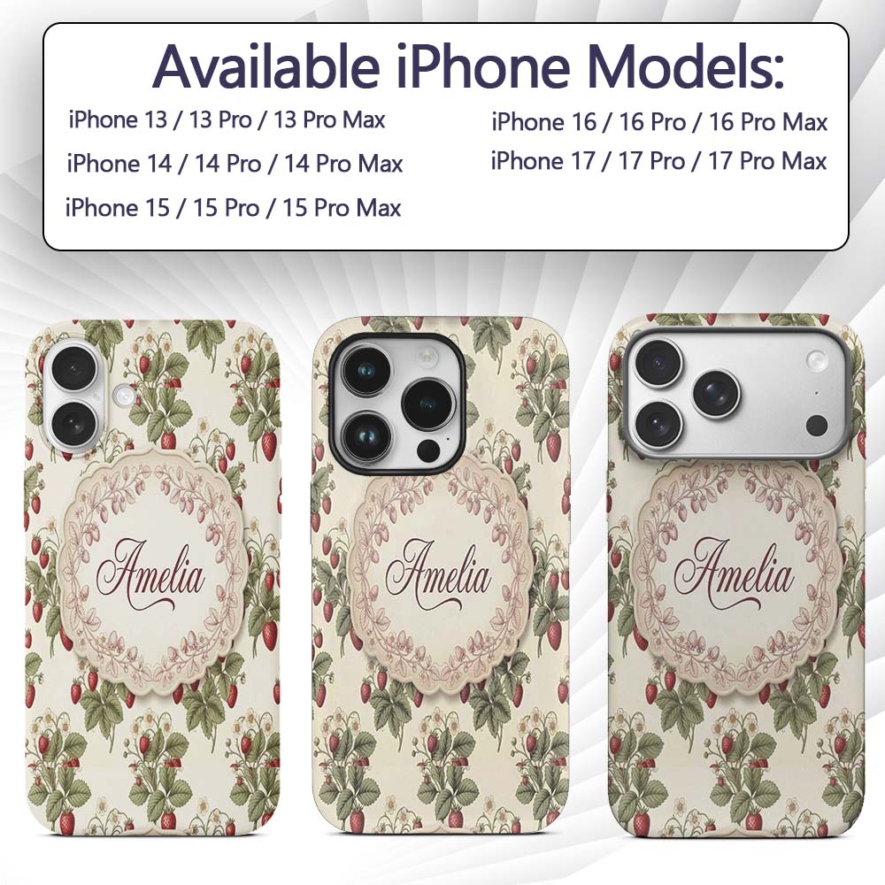 Delicate Strawberry Vine Soft Floral Seamless Custom Name Protective Phone Case Mobile Cover Durable Everyday Smartphone Shock Resistant