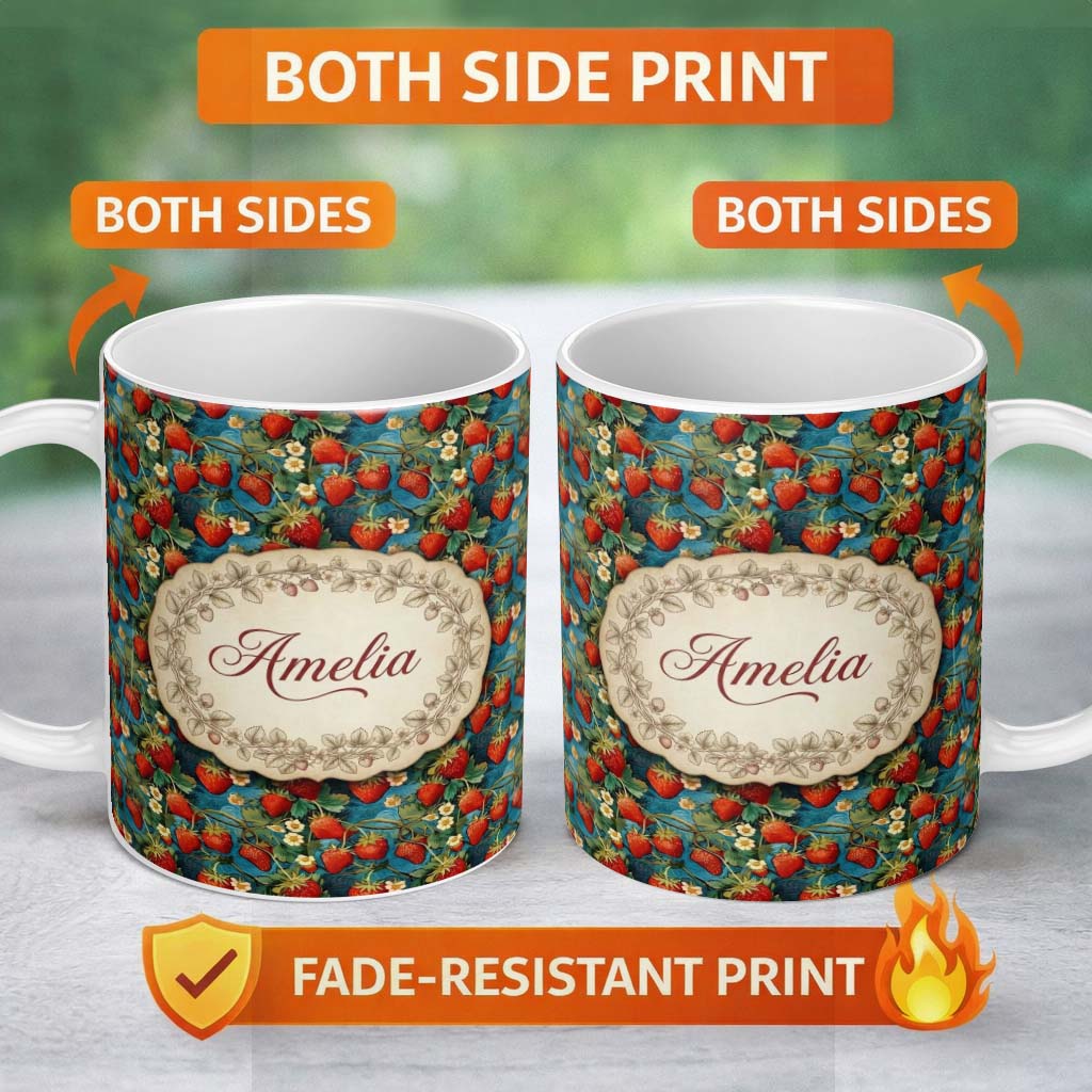 Personalized Custom Name Artistic Strawberry Vine Blue Swirl Seamless Pattern Name Cute 11oz Ceramic Coffee Tea Mug White Large Handle