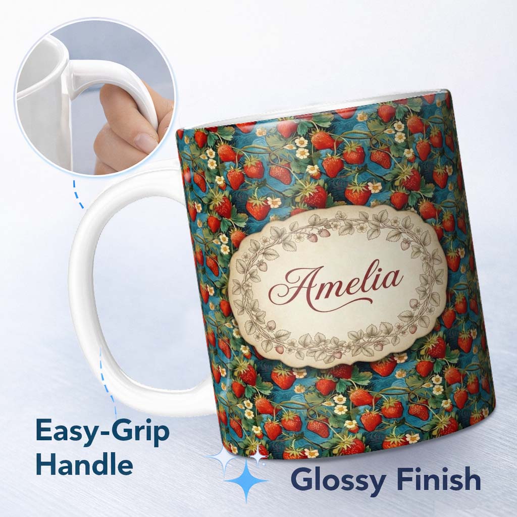 Personalized Custom Name Artistic Strawberry Vine Blue Swirl Seamless Pattern Name Cute 11oz Ceramic Coffee Tea Mug White Large Handle