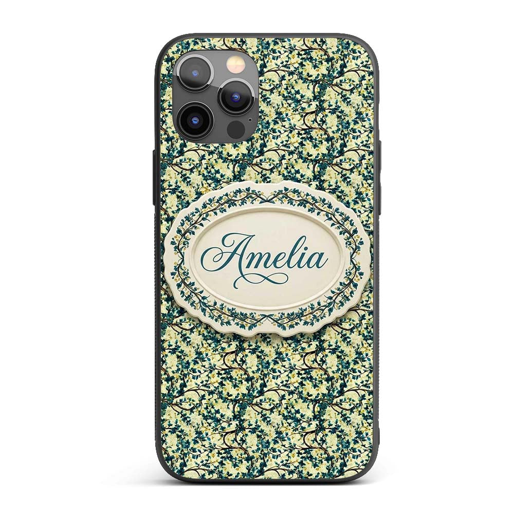 Blue Floral Branch Vintage Blossom Printed Design Custom Name Protective Phone Case Mobile Cover Durable Everyday Smartphone Shock Resistant