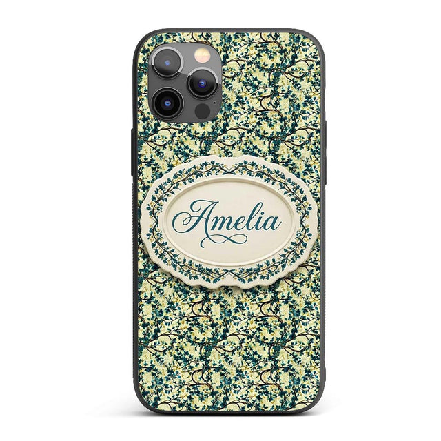 Blue Floral Branch Vintage Blossom Printed Design Custom Name Protective Phone Case Mobile Cover Durable Everyday Smartphone Shock Resistant