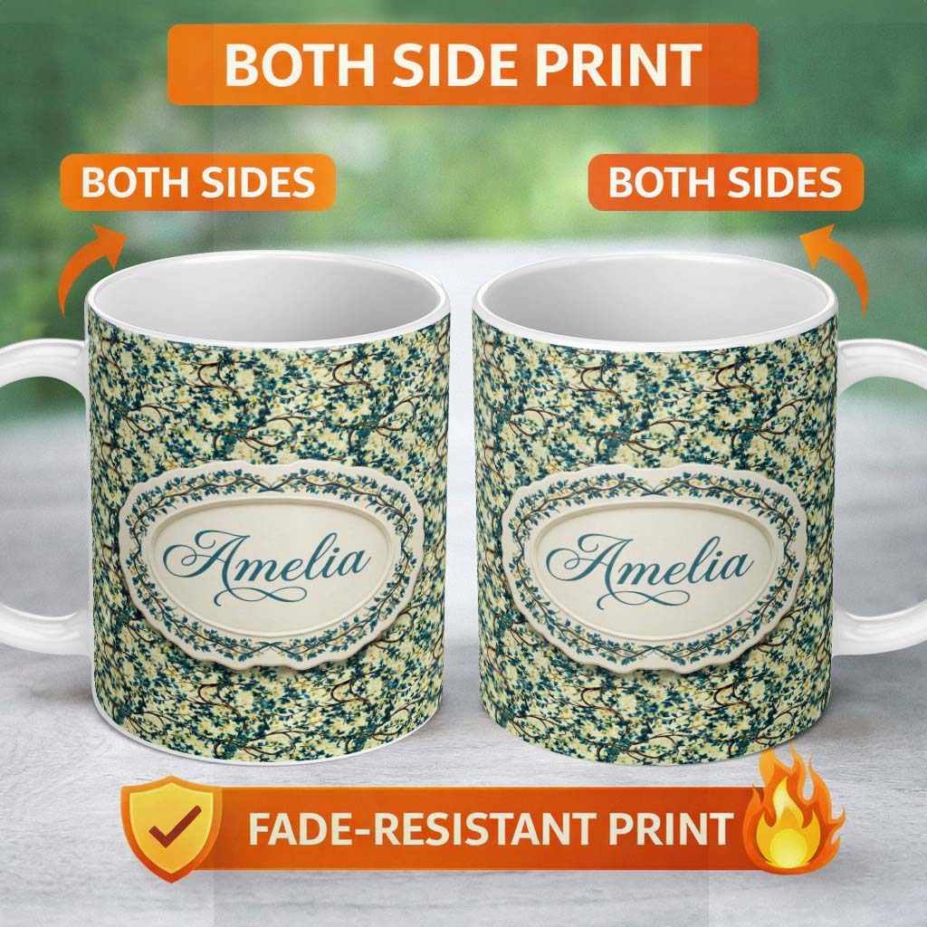 Personalized Custom Name Blue Floral Branch Vintage Blossom Seamless Pattern Name Cute 11oz Ceramic Coffee Tea Mug White Large Handle