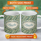 Personalized Custom Name Blue Floral Branch Vintage Blossom Seamless Pattern Name Cute 11oz Ceramic Coffee Tea Mug White Large Handle