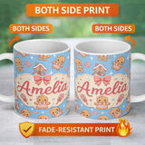 Personalized Custom Name Cute Christmas Gingerbread Candy House Gifts Pattern Sky Blue Lovely 11oz Ceramic Coffee Tea Mug White Large Handle