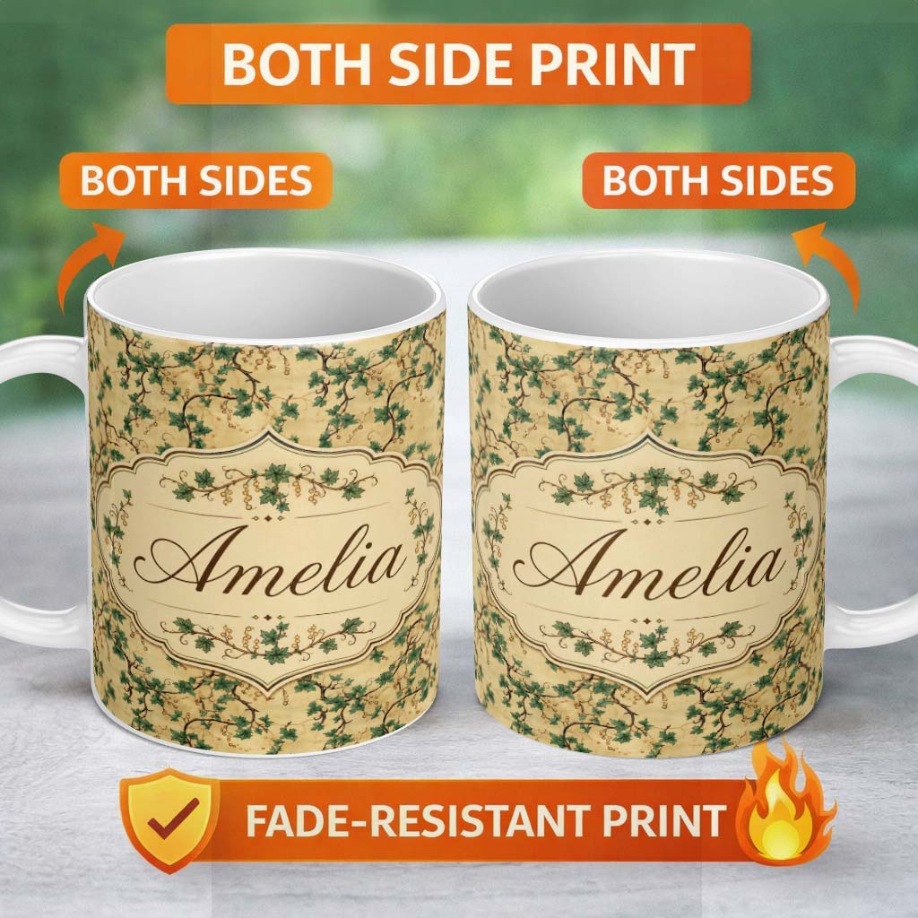 Personalized Custom Name Elegant Grape Vine Branch Beige Background Seamless Pattern Name 11oz Ceramic Coffee Tea Mug White Large Handle