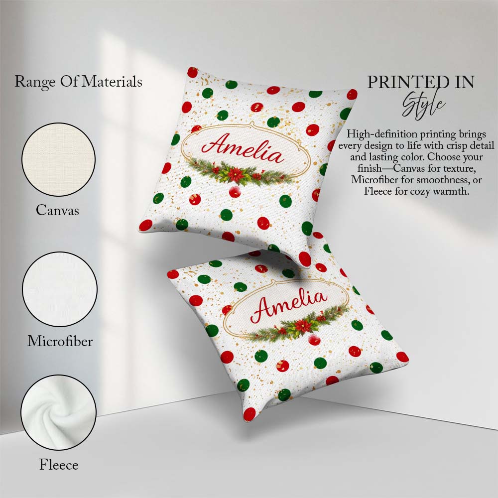Custom Name Red and Green Polka Dots with Gold Splatter Seamless Square Filled Cushion Throw Pillow Sofa Bed Home Decor Zip Washable UK Made