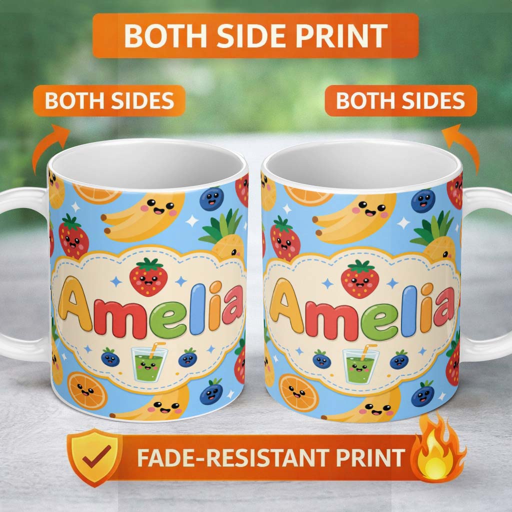 Personalized Custom Name Cute Kawaii Fruits Juice Drink Strawberry Banana Orange Seamless 11oz Ceramic Coffee Tea Mug White Large Handle