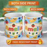 Personalized Custom Name Cute Kawaii Fruits Juice Drink Strawberry Banana Orange Seamless 11oz Ceramic Coffee Tea Mug White Large Handle