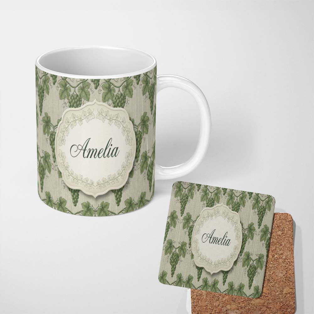 Personalized Custom Name Lush Green Grape Cluster Vineyard Seamless Pattern Name Cute Unique 11oz Ceramic Coffee Tea Mug White Large Handle
