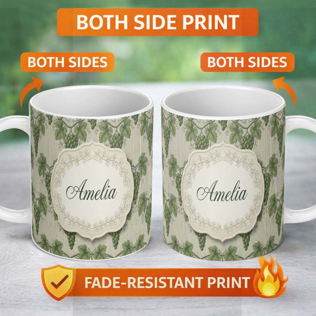 Personalized Custom Name Lush Green Grape Cluster Vineyard Seamless Pattern Name Cute Unique 11oz Ceramic Coffee Tea Mug White Large Handle