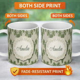 Personalized Custom Name Lush Green Grape Cluster Vineyard Seamless Pattern Name Cute Unique 11oz Ceramic Coffee Tea Mug White Large Handle