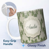Personalized Custom Name Lush Green Grape Cluster Vineyard Seamless Pattern Name Cute Unique 11oz Ceramic Coffee Tea Mug White Large Handle