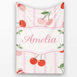 Cherry Fruit Vertical Stripe Pink Background Seamless Pattern Lovely  Personalised Custom Name Super Soft Fleece Blanket Bed Sofa Throw