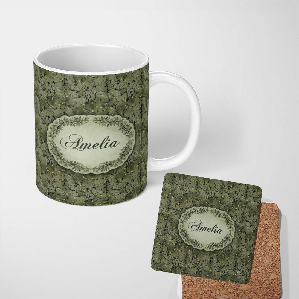 Personalized Custom Name Dark Forest Vine Branch Botanical Seamless Pattern Name Cute Unique 11oz Ceramic Coffee Tea Mug White Large Handle