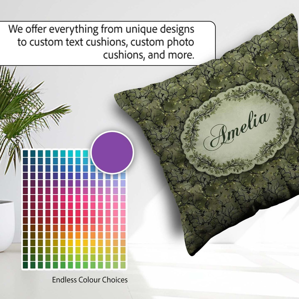 Custom Name Dark Forest Vine Branch Botanical Seamless Name Cute Square Filled Cushion Throw Pillow Sofa Bed Home Decor Zip Washable UK Made