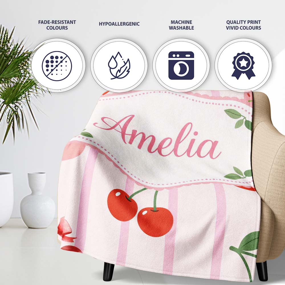 Cherry Fruit Vertical Stripe Pink Background Seamless Pattern Lovely  Personalised Custom Name Super Soft Fleece Blanket Bed Sofa Throw