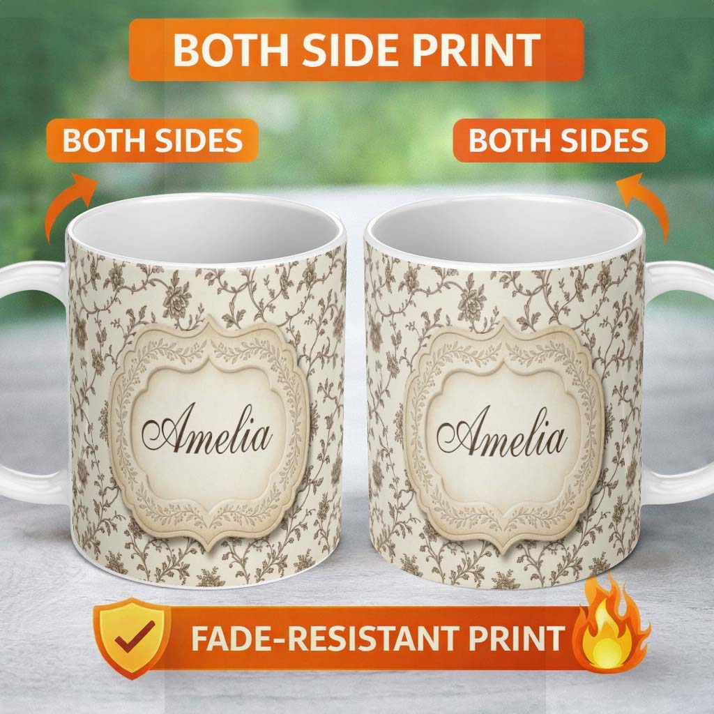 Personalized Custom Name Autumn Floral Leaf Swirl Cream Seamless Pattern Name Cute Unique 11oz Ceramic Coffee Tea Mug White Large Handle