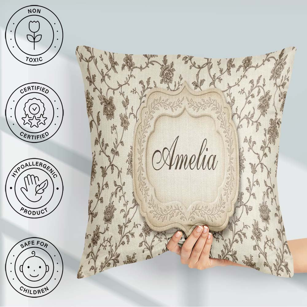 Custom Name Autumn Floral Leaf Swirl Cream Seamless Pattern Name Square Filled Cushion Throw Pillow Sofa Bed Home Decor Zip Washable UK Made