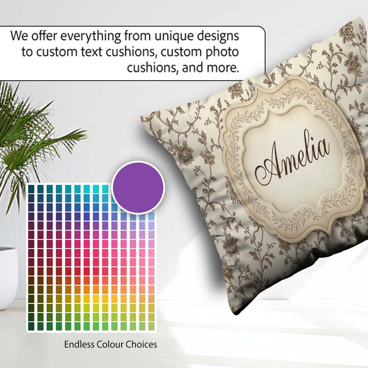 Custom Name Autumn Floral Leaf Swirl Cream Seamless Pattern Name Square Filled Cushion Throw Pillow Sofa Bed Home Decor Zip Washable UK Made