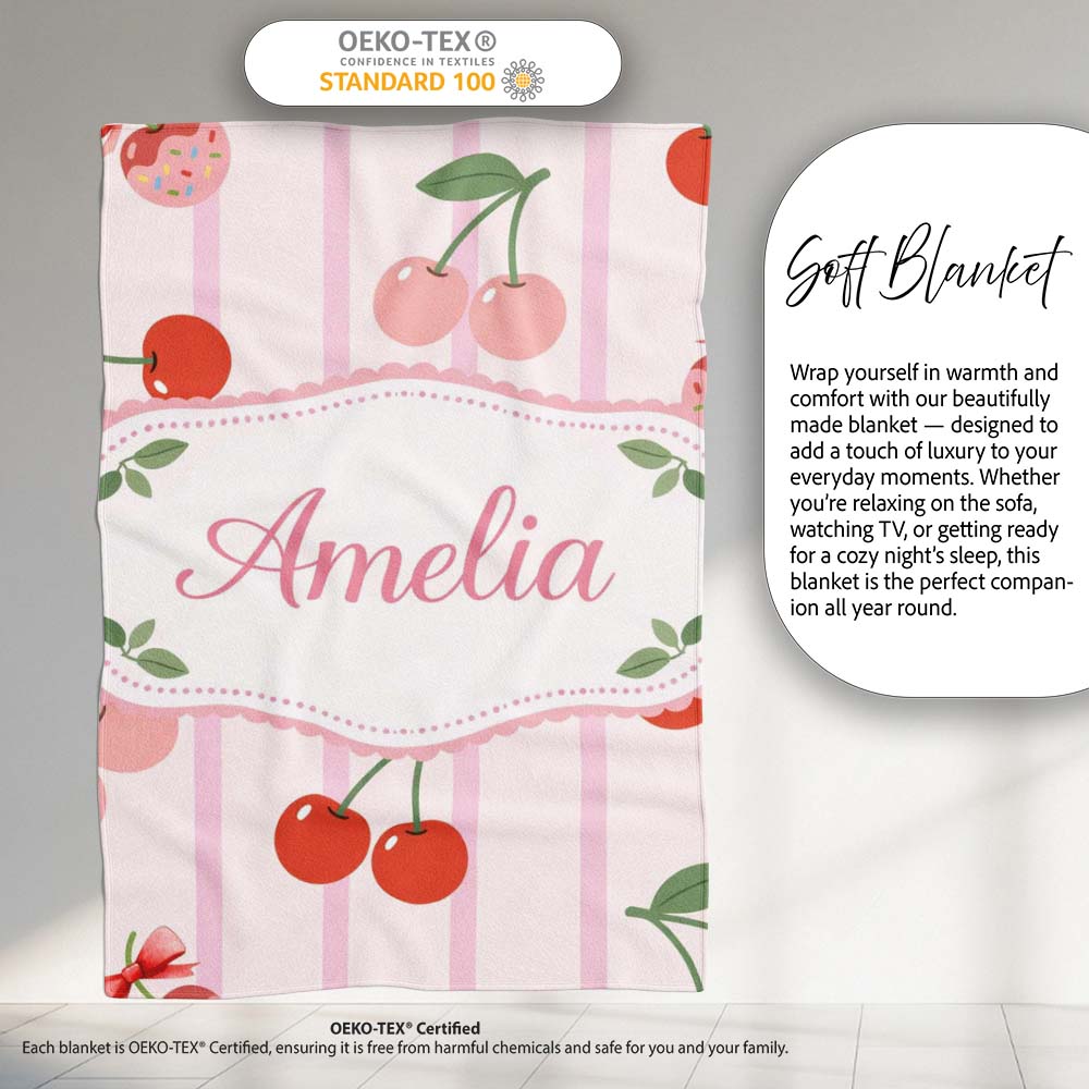 Cherry Fruit Vertical Stripe Pink Background Seamless Pattern Lovely  Personalised Custom Name Super Soft Fleece Blanket Bed Sofa Throw