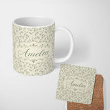 Personalized Custom Name Delicate Green Leaf Vine Minimal Seamless Pattern Name Cute Unique 11oz Ceramic Coffee Tea Mug White Large Handle