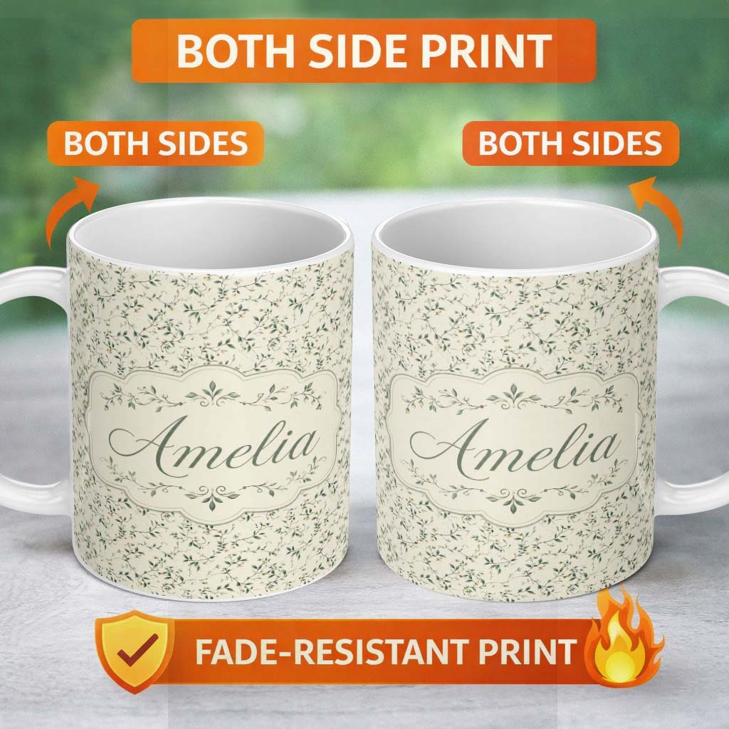 Personalized Custom Name Delicate Green Leaf Vine Minimal Seamless Pattern Name Cute Unique 11oz Ceramic Coffee Tea Mug White Large Handle