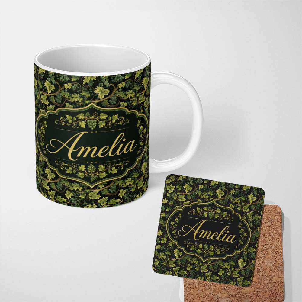 Personalized Custom Name Dark Grape Vine Leaves Black Background Seamless Pattern Name Cute 11oz Ceramic Coffee Tea Mug White Large Handle