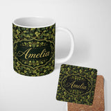 Personalized Custom Name Dark Grape Vine Leaves Black Background Seamless Pattern Name Cute 11oz Ceramic Coffee Tea Mug White Large Handle
