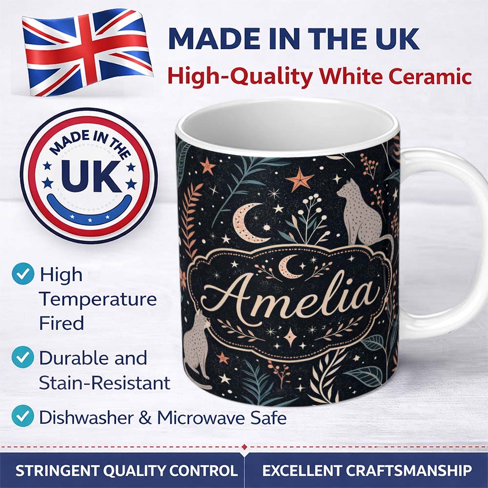 Personalized Custom Name Celestial Cat Moon Stars Botanical Night Seamless Pattern Lovely 11oz Ceramic Coffee Tea Mug White Large Handle