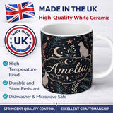 Personalized Custom Name Celestial Cat Moon Stars Botanical Night Seamless Pattern Lovely 11oz Ceramic Coffee Tea Mug White Large Handle