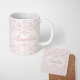 Personalized Custom Name Soft Pink Damask Ornamental Classic Vintage Seamless Pattern Lovely 11oz Ceramic Coffee Tea Mug White Large Handle
