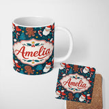 Personalized Custom Name Cute Gingerbread Santa Tree Candy Cane Seamless Pattern Design Kids 11oz Ceramic Coffee Tea Mug White Large Handle