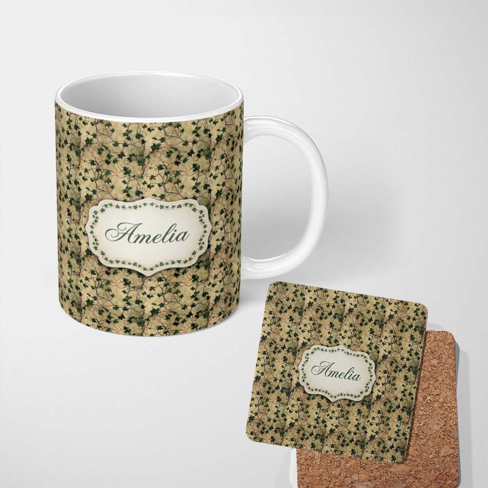 Personalized Custom Name Vintage Maple Leaf Branch Beige Seamless Pattern Name Cute Unique 11oz Ceramic Coffee Tea Mug White Large Handle