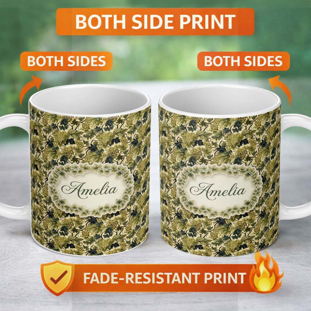 Personalized Custom Name Vintage Green Grape Vine Leaves Seamless Pattern Name Cute Unique 11oz Ceramic Coffee Tea Mug White Large Handle