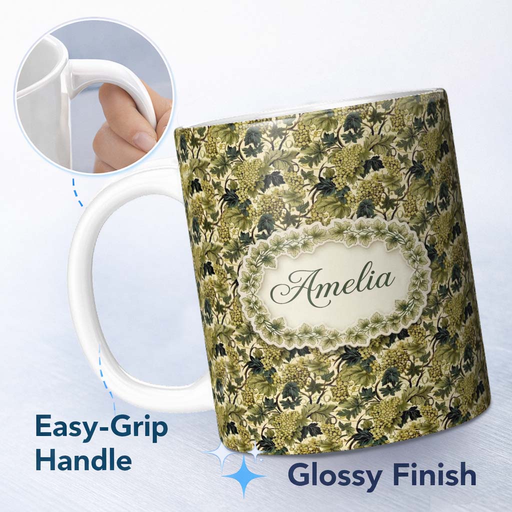 Personalized Custom Name Vintage Green Grape Vine Leaves Seamless Pattern Name Cute Unique 11oz Ceramic Coffee Tea Mug White Large Handle