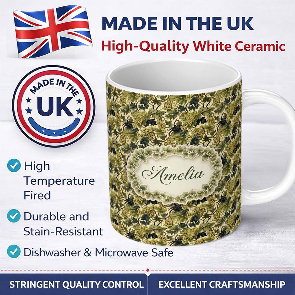 Personalized Custom Name Vintage Green Grape Vine Leaves Seamless Pattern Name Cute Unique 11oz Ceramic Coffee Tea Mug White Large Handle