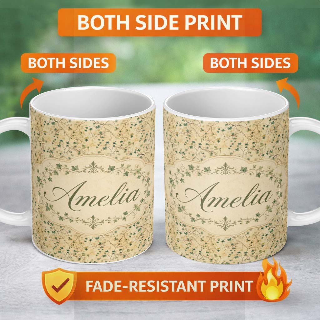 Personalized Custom Name Delicate Ivy Vine Beige Background Seamless Pattern Name Cute 11oz Ceramic Coffee Tea Mug White Large Handle
