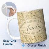 Personalized Custom Name Delicate Ivy Vine Beige Background Seamless Pattern Name Cute 11oz Ceramic Coffee Tea Mug White Large Handle